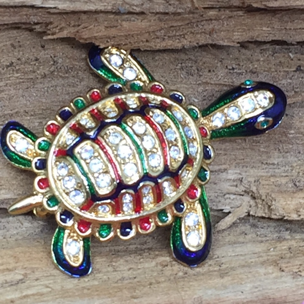 Enamel Rhinestones Turtle Brooch Gold Red Vintage